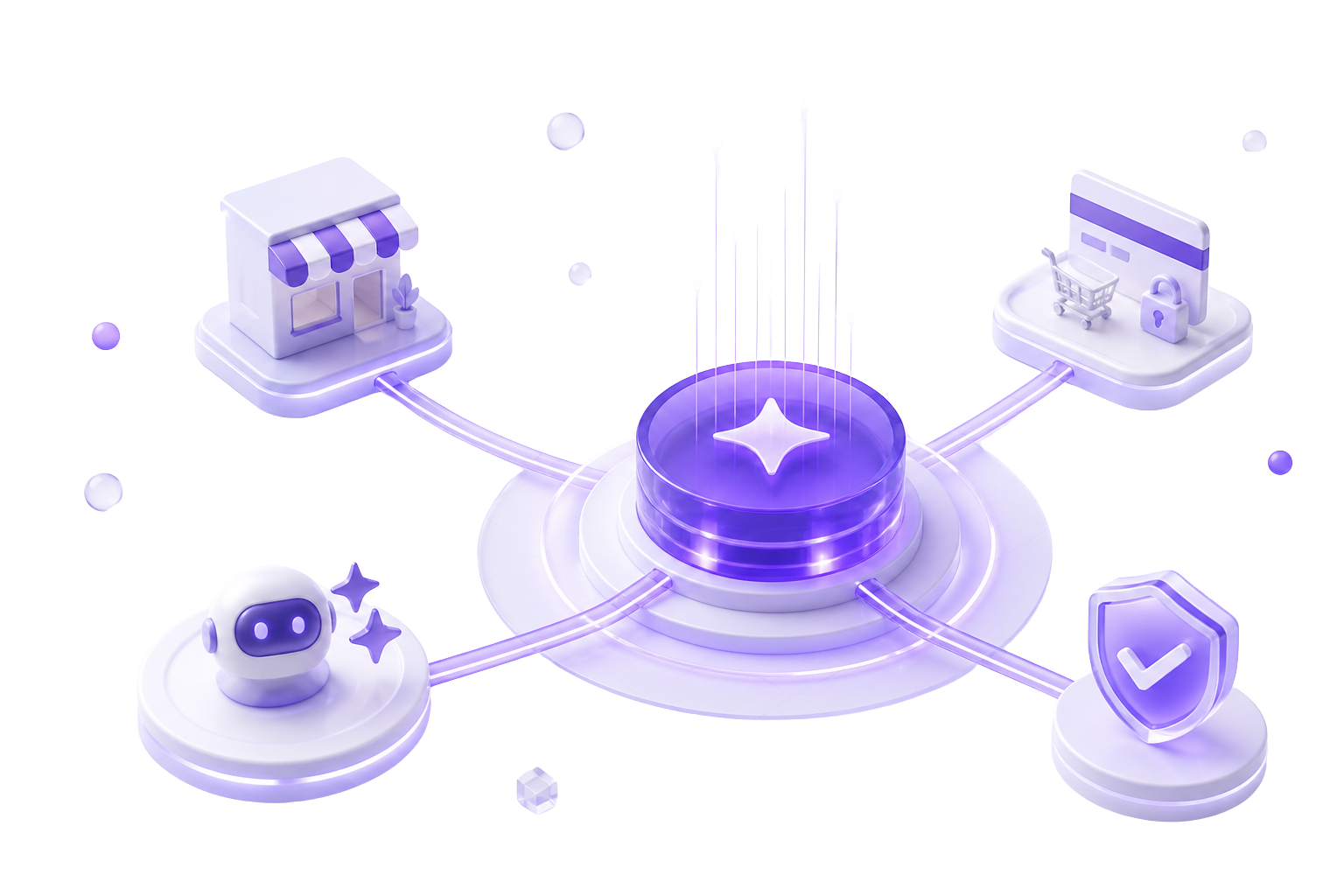 A central Rako attribution hub connecting a merchant storefront, AI agent, checkout, and verification node